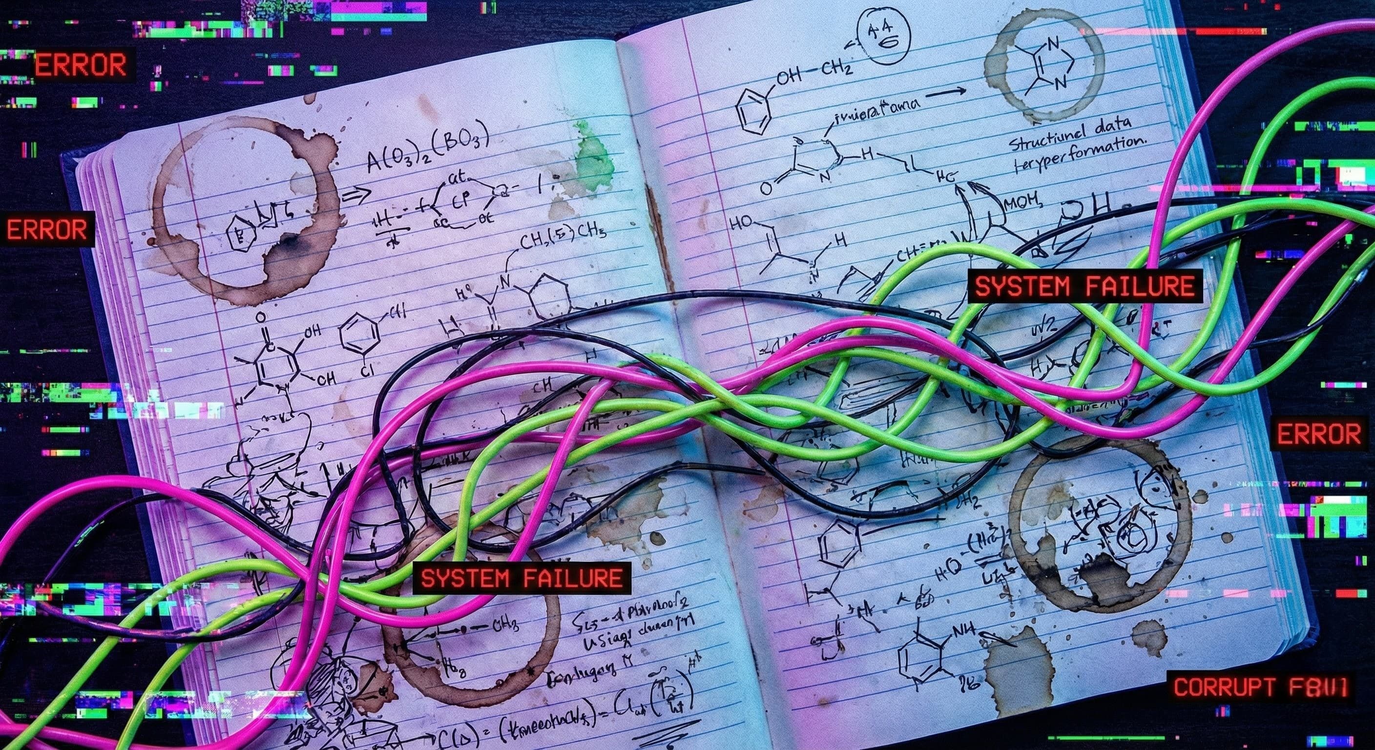 Open laboratory notebook filled with chemical sketches, crossed by pink, green, and black cables and surrounded by red warning labels.