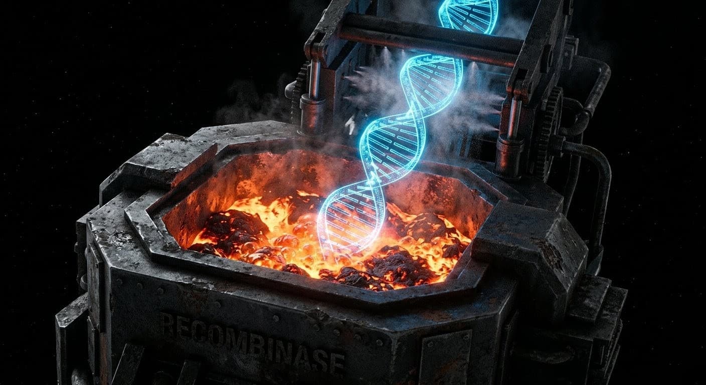 Luminous blue DNA helix suspended above an industrial furnace built into a dark metal machine.