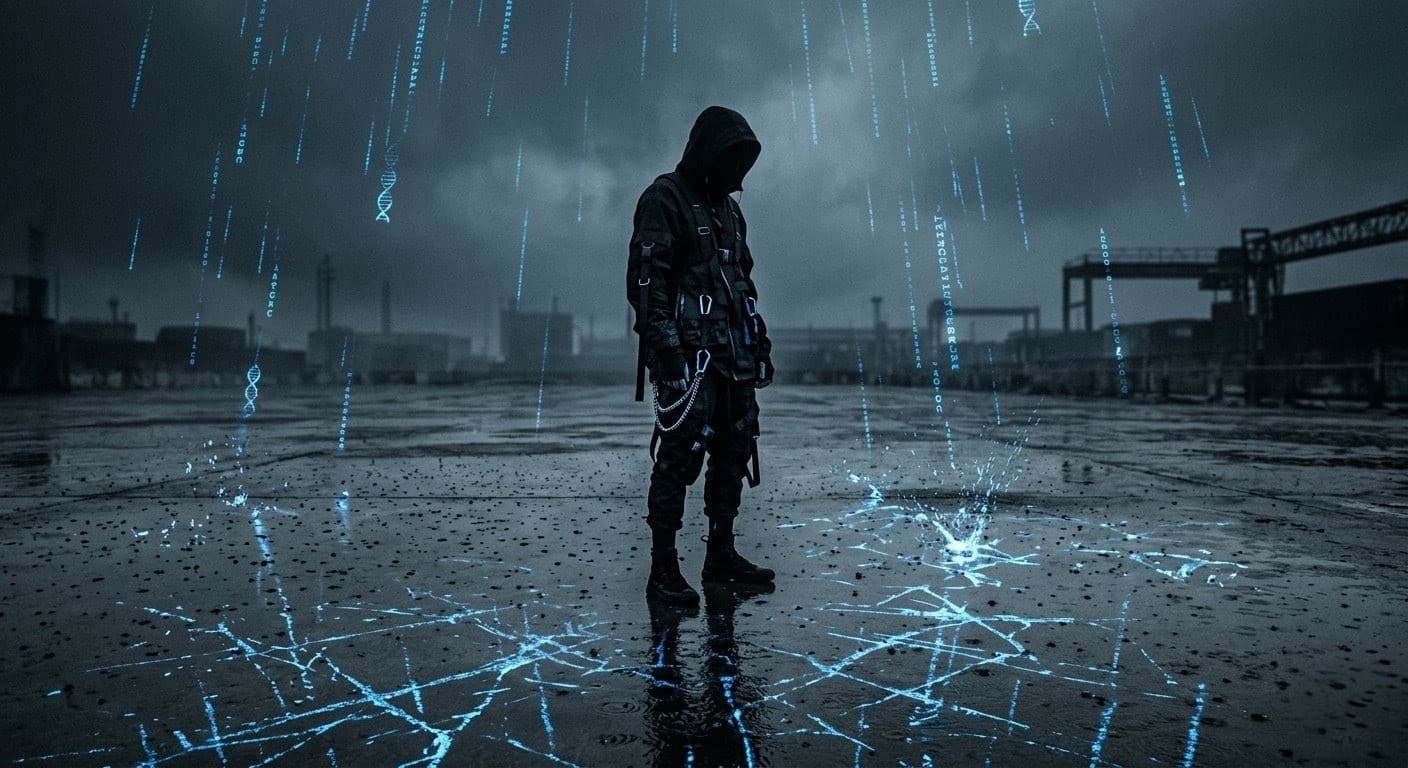 Hooded figure standing in a rain-soaked industrial lot among blue DNA motifs and falling data marks.