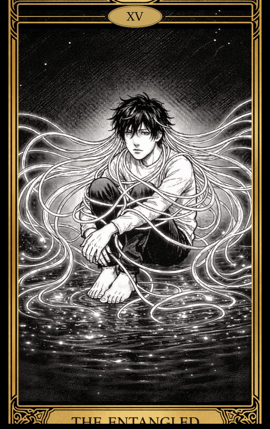 Black-and-white illustrated figure seated with knees drawn up, wrapped in white lines inside a gold-bordered card marked XV.