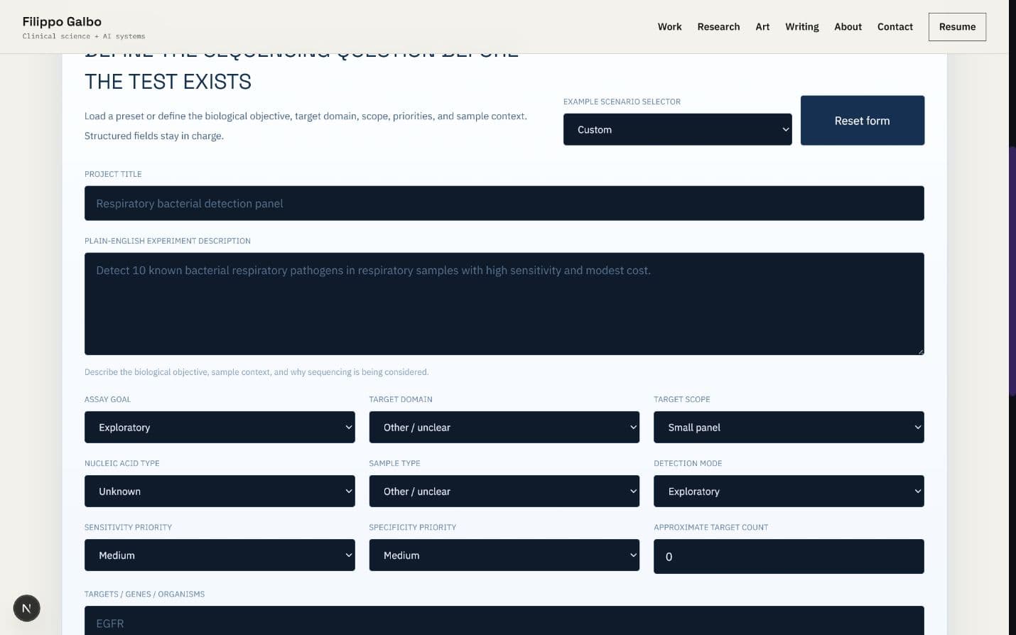 NGS Assay Planner browser interface with project definition fields